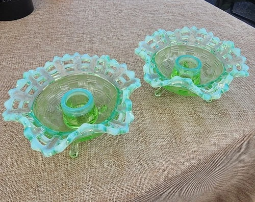 Pair Of Fenton Green Opalenscant GLASS Basketweave Open Edge Candlestick 1930s