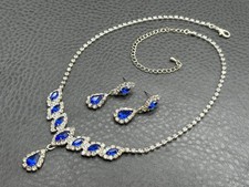 Beautiful Formal Bridal Jewelry Set Blue Crystal Rhinestone Necklace Earrings