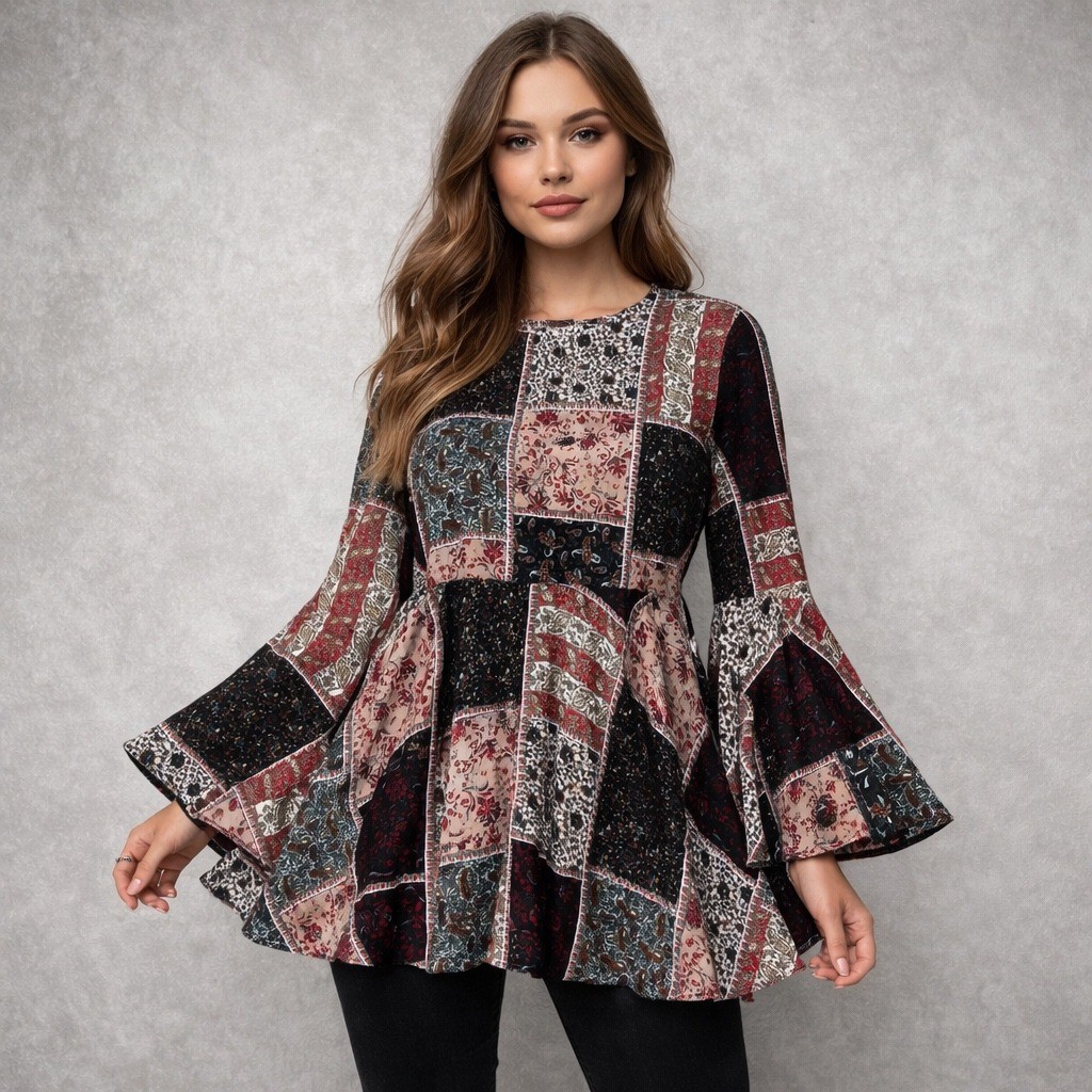 American Eagle Patchwork Bell Sleeve Babydoll Top… - image 1