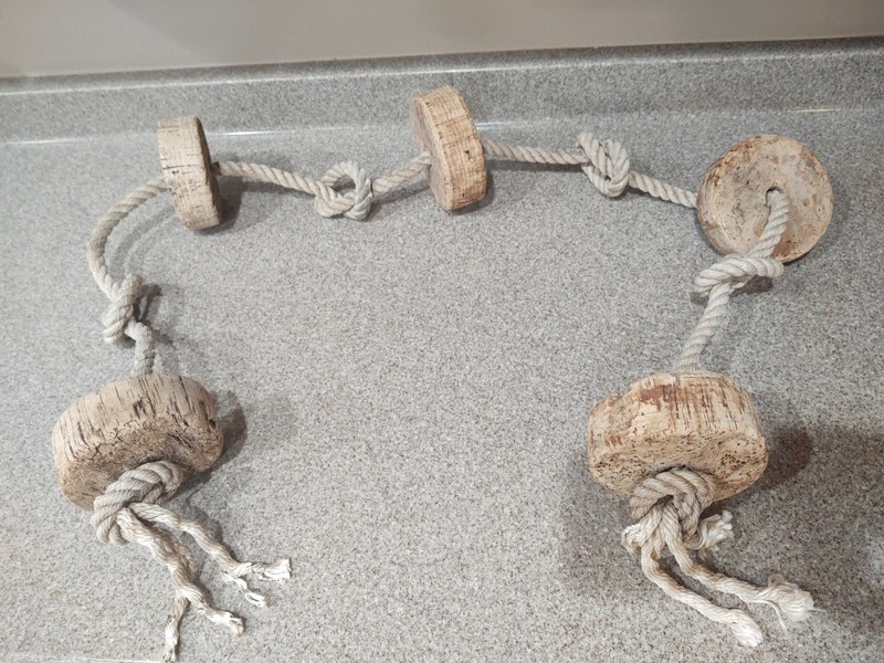 Vintage Large Fishing Net Cork Floats Buoys Decor Set of 5 On Vintage Rope 68"