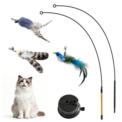 Interactive Cat Feather Toy Fishing Rod Simulated Bird Reinforced Suction Cup