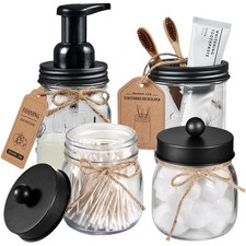 Mason Jar Bathroom Accessories Set 4 Pack - Foaming Soap Dispenser 2 Qtip Hol...