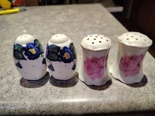 Vintage Porcelain SALT & PEPPER Shakers PINK ROSES Royal Austria - Blue Flowers 