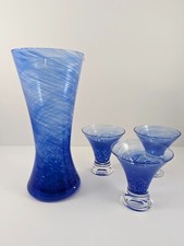 Dansk Cocktail Pitcher Carafe & Glasses Italy Blue Swirl Handblown Vtg Barware
