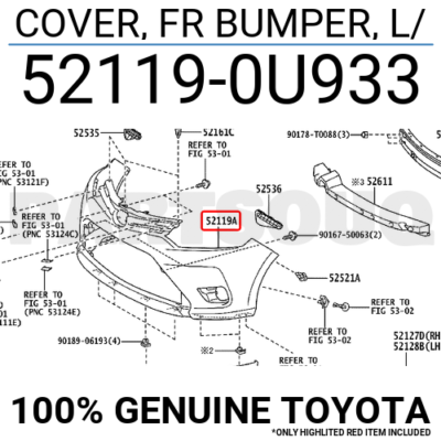 521190U933 Genuine Toyota COVER, FR BUMPER, L 52119-0U933 | eBay