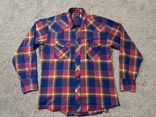Vintage 80s Wrangler Red Blue Plaid Pearl Snap Western Shirt Mens L USA