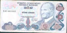TURKEY 1000 LIRA P 191. VF CONDITION. VERY RARE.  