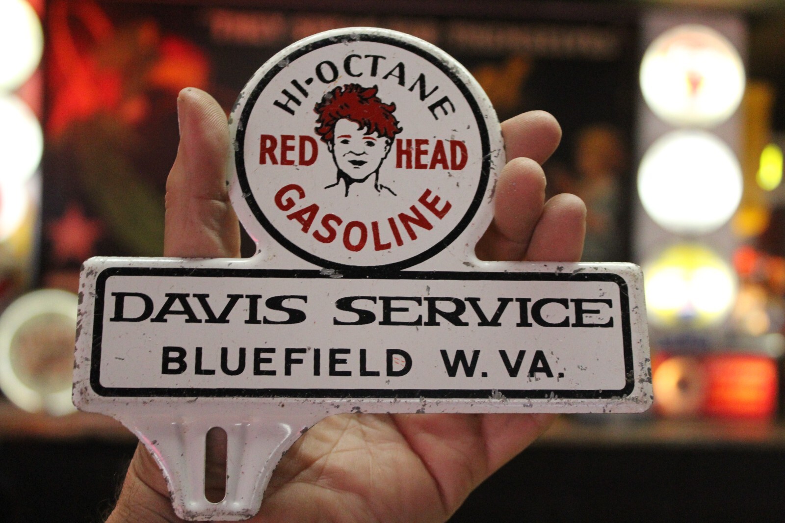 RARE 1950s RED HEAD GASOLINE WEST VIRGINIA STAMPED PAINTED METAL TOPPER