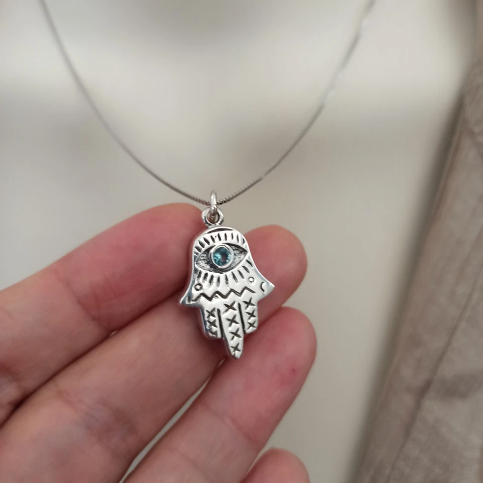 Collar Hamsa Plata Mano Azul de Fátima Escudo Mal de Ojo Artístico Modernista 925 Foto 3 de 4