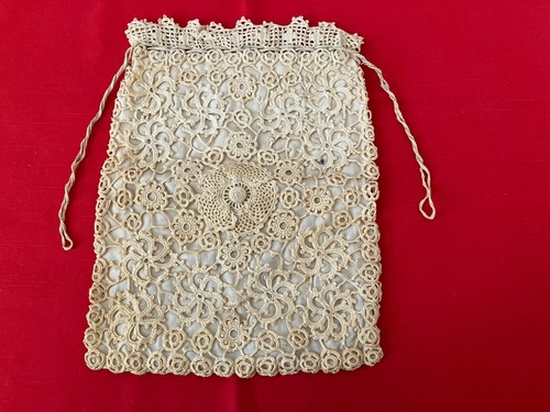 VINTAGE TATTED CROCHETED HANDMADE DRAWSTRING PURSE BAG Lined 1930’s - Picture 4 of 10