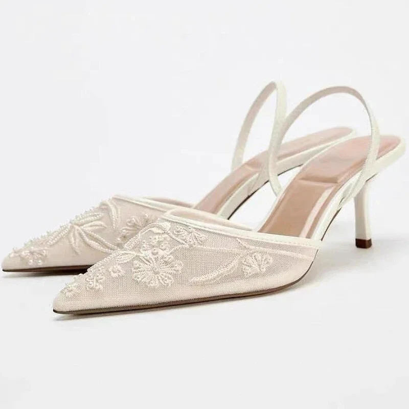 Women Sandals Thin Heels Elegant Mesh Embroidered Flowers Design Luxury Shoes UK
