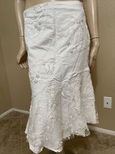 Women  s White Denim Cotton Casual Zip Beaded Embroidered Size L 8-10 Skirt 3133