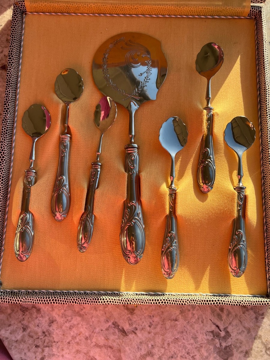 1930's Argento 800 Silver Dessert Serving Set With Box 6 Spoons