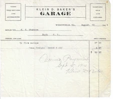 1914 Invoice, Klein D. Baker's Garage, Westfield, Pennsylvania, To Bath, NY