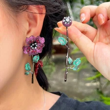 Chic CZ Rose Red Flower Leaf Dangle Earrings Black Gold Plated Removable Jewelry