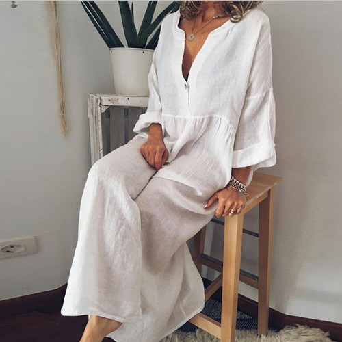Kaftan Women Cotton Linen V Neck Baggy Maxi Dress Loose Long Sleeve Dress Autumn - Picture 7 of 27