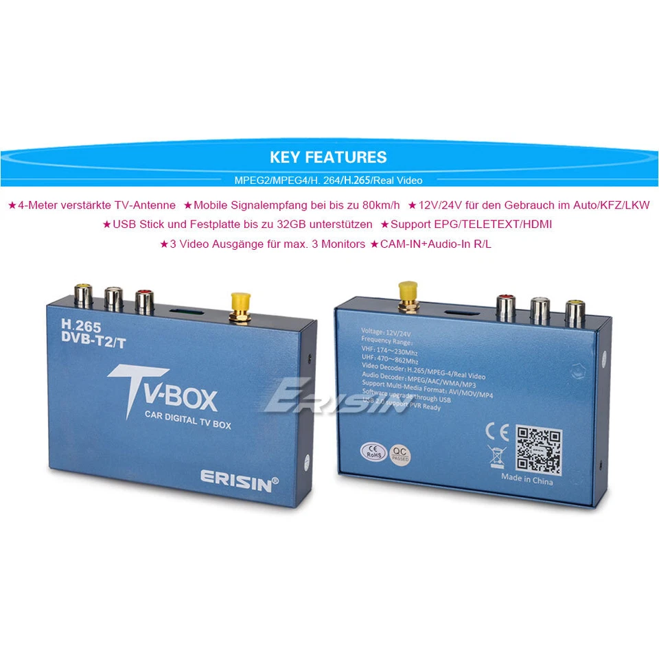 Erisin ES336 Auto Mobile HD DVB-T2/T Digital TV Empfänger H.265 H.264 USB H.265 - Bild 2 von 4