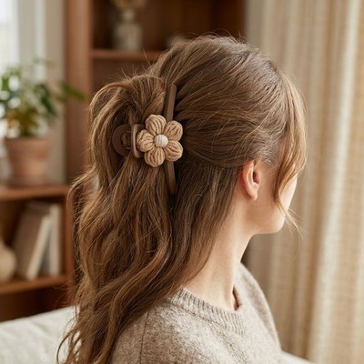 Brown Crochet Flower Hair Claw Clip Knit Floral Hair Claw for Women Daily Use