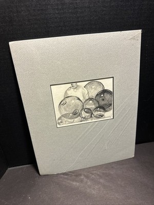 Vintage Signed Charcoal Drawing Still Life Glass Spheres Framed Art #P