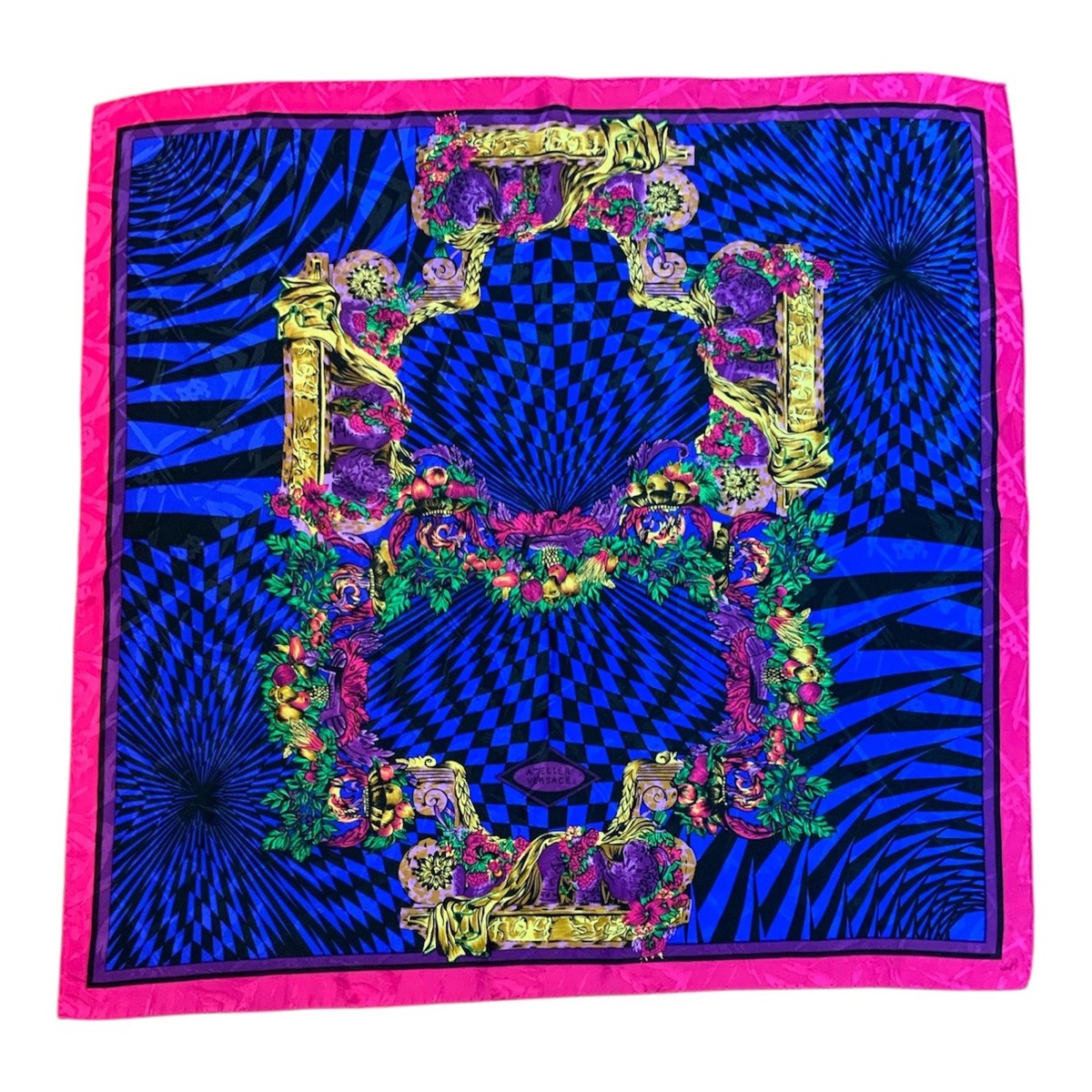 ATELIER VERSACE pink & blue geometric silk printed w/ logo vintage
