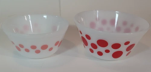 Federal Glass Mixing Bowl Set 2 Atomic Polka Dots Nesting Milk Pink Red Vintage