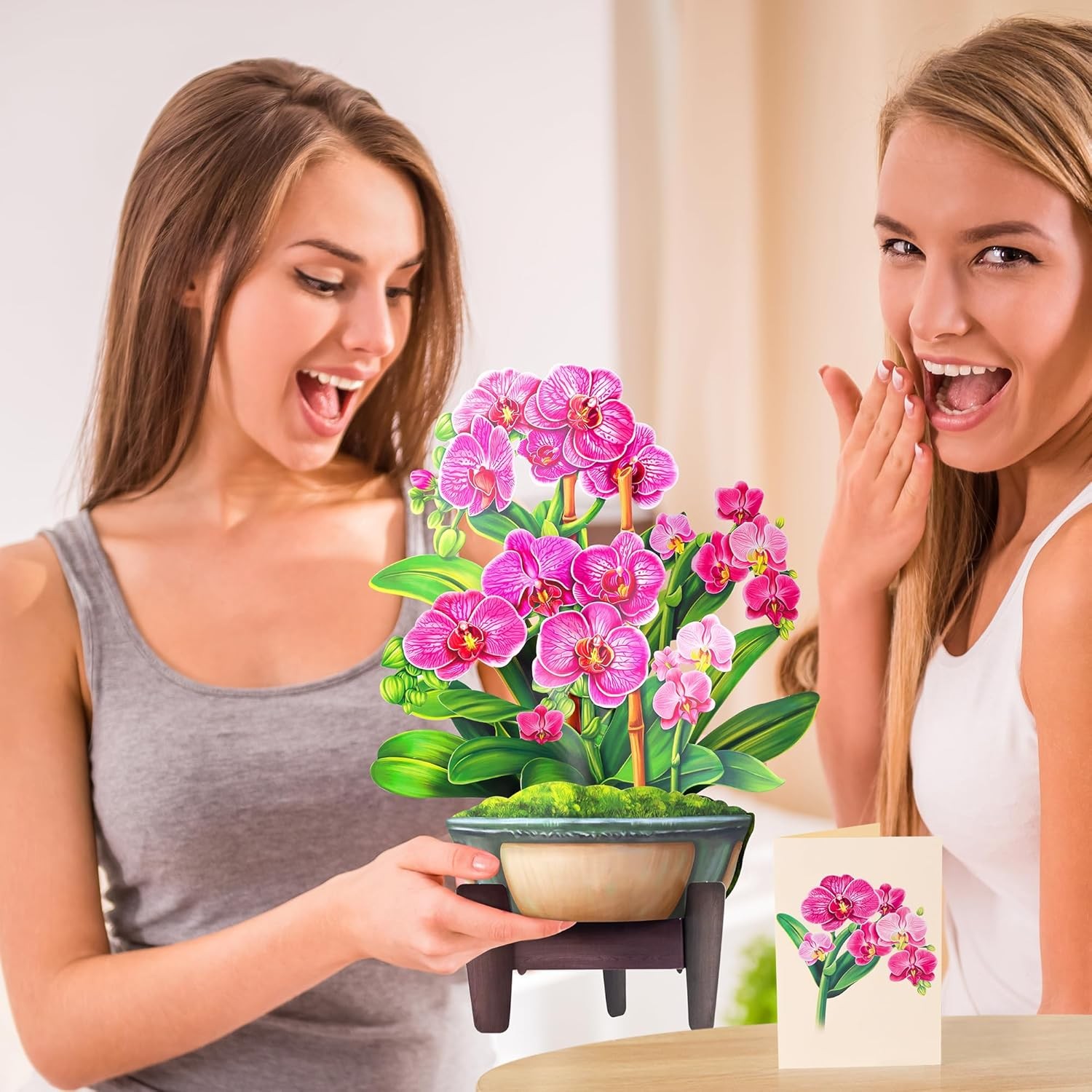 Airpark Pop Up Flower Card, 3D Paper Flowers Bouquet – 14" Orchids, Pink 