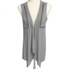 POL Embroidered Open Front Vest Size S Gray Boho Festival Layering Casual