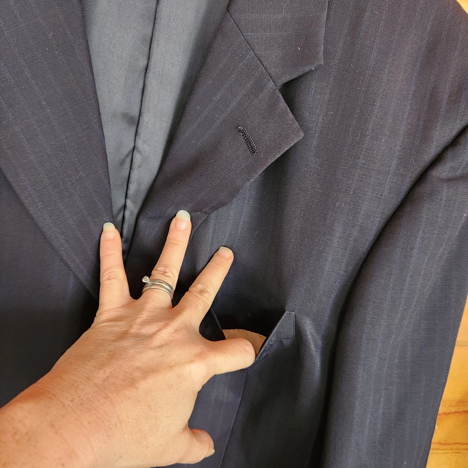 Traje Chaqueta Blazer Abrigo Rayas Jacques Bellini Azul Marino 100% Lana 3 Botones Talla 40S Foto 4 de 4