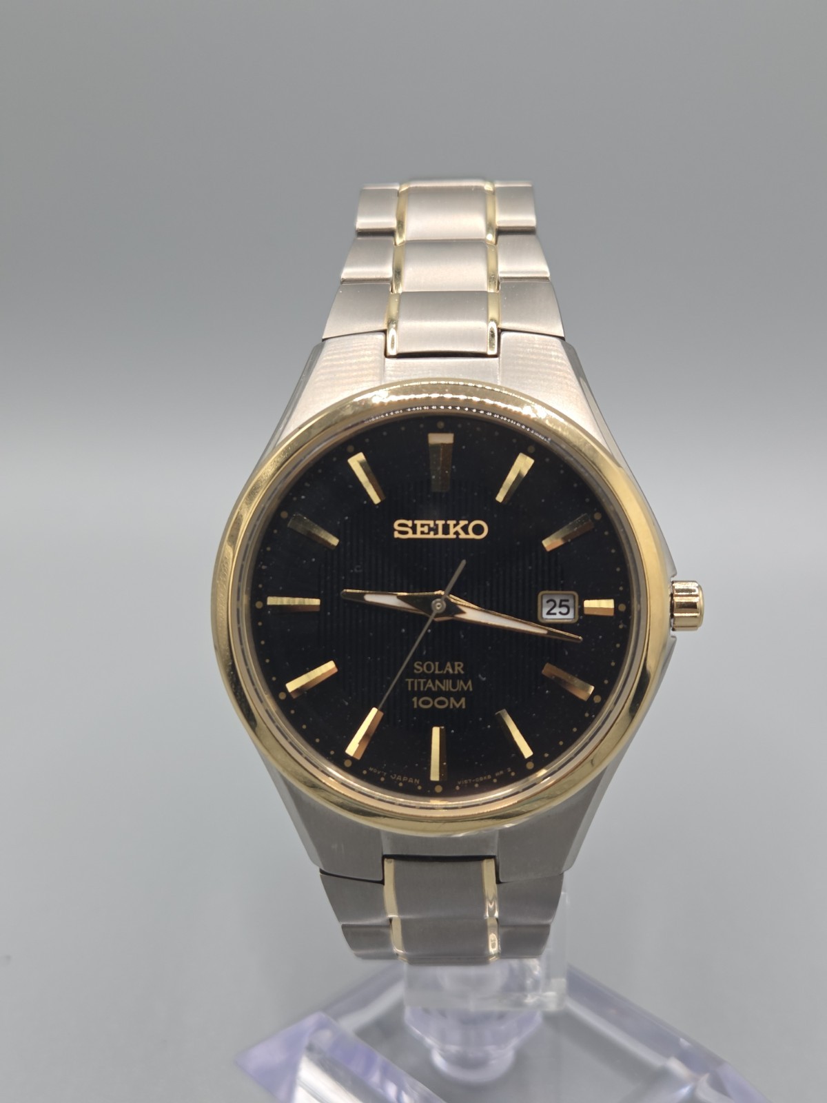 Seiko V157-0BB0 Solar Titanium Black Dial Two Tone Me… - Gem