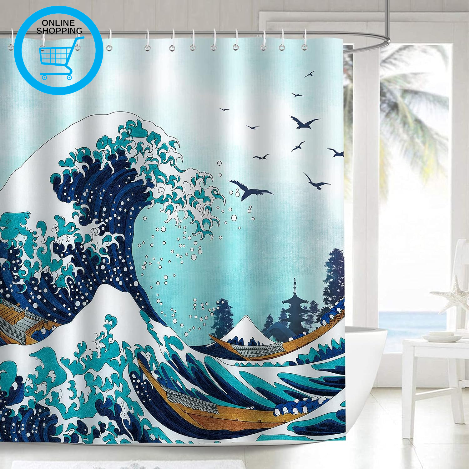 Japanese Shower Curtain 180 X 180 Cm Kanagawa Ocean Waves Blue Bathroom Curtain