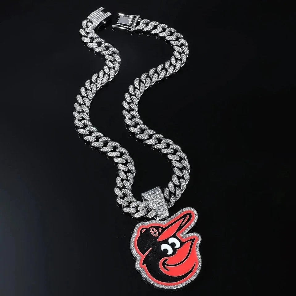 BALTIMORE ORIOLES GEM NECKLACE Silver Hip Hop MLB Team Bling Pendant & 24" Chain - Image 2 of 3