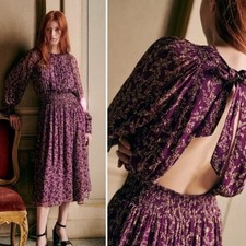 Sézane || Priscilla Midi Dress Smocked Open Back Tie Keyhole Fond Violet 34 NWT