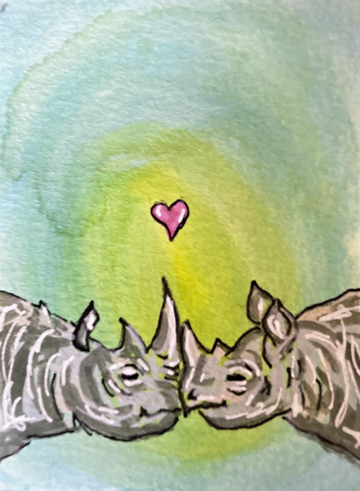 ACEO Original Rhino painting ATC OOAK Cottagecore Rhinoceros Art Cachetmaison