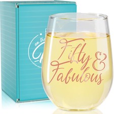 On The Rox Drinks 50th Birthday Stemless Wine Glass for Women - 50 & Fabulous...