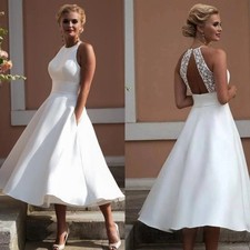 O-Neck Sleeveless Short Wedding Dress A-Line Pocket Knee Length White Bride Gown