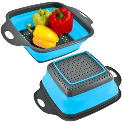 Square Collapsible Colander with Handles   Blue Square Silicone Kitchen Strai...