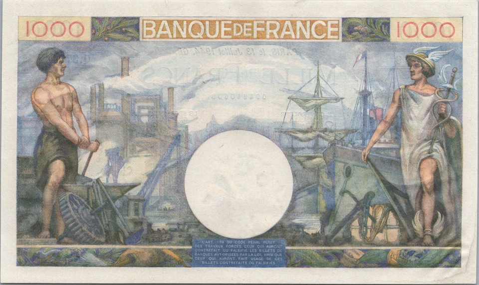 Francia 1.000 francos 1944 Pick# 96c AU-UNC Foto 2 de 3