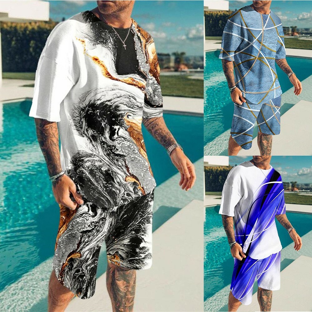 Summer Men 3D Print Short-Sleeve Tracksuit Set Sport Tops Shorts Outfit Muscle