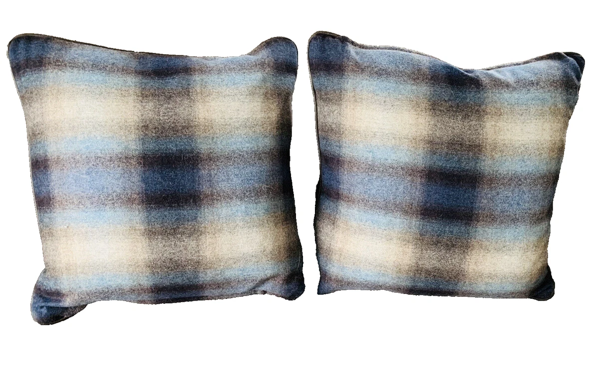 Wool Plaid PILLOW Cover SHAMS muted Blue Gray Leather beading