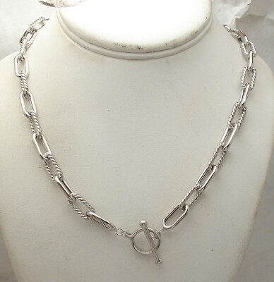 Alternating Twist Shiny Oval Chain Necklace Toggle Lock Anti-Tarnish Real Silver