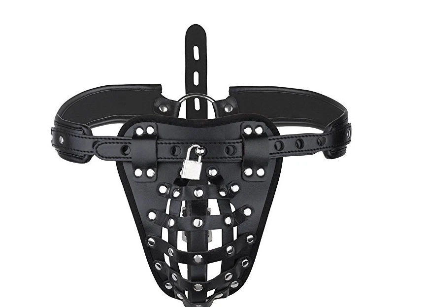 Dispositivo de castidad jaula de cuero sintético con bloqueo para hombres pene masculino tanga calzoncillos Foto 2 de 4