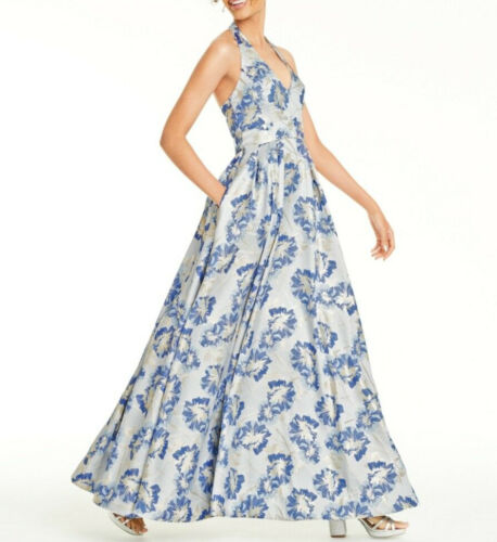 Speechless Juniors' Metallic Floral Brocade Halter Gown, White, Size 3, $159,NwT - Picture 3 of 9