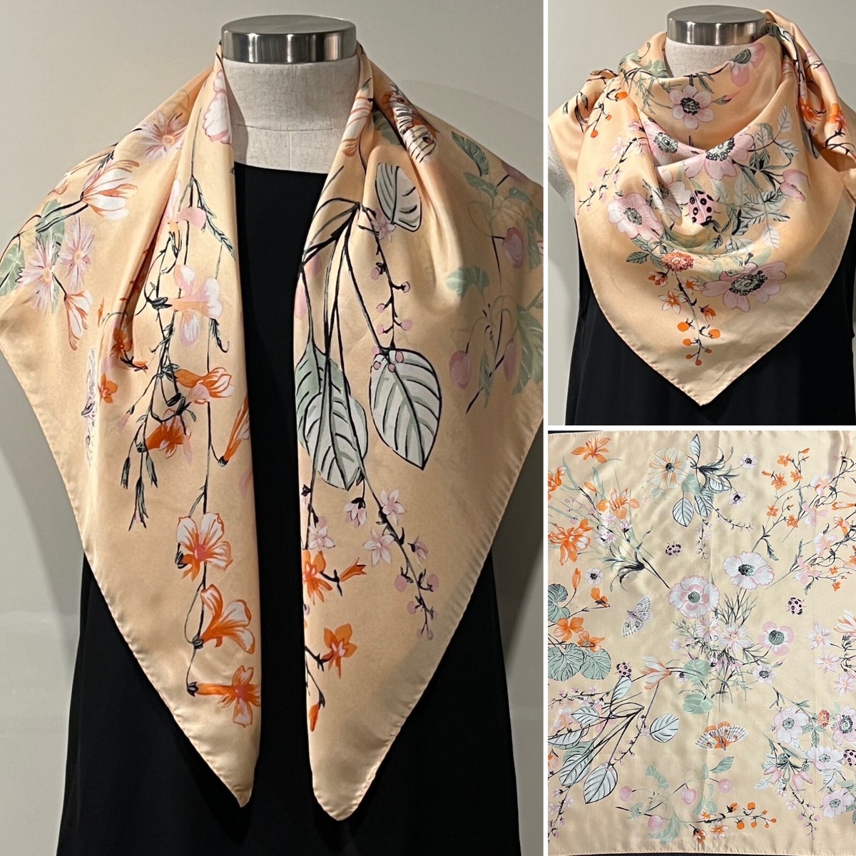 Italian Designer Peach Silk Twill Butterflies,Beetles,Flowers