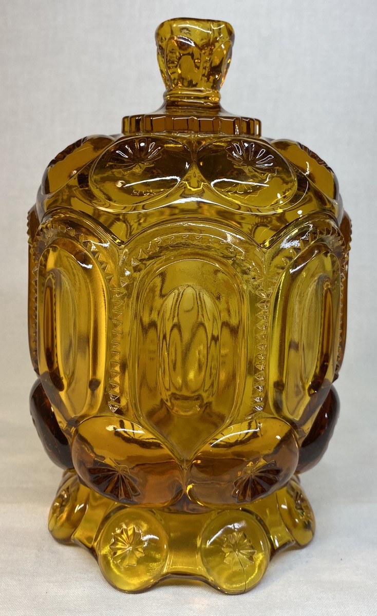 Smith Art Glass Moon And Stars Tall Sugar with Lid In Amber