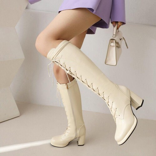 Womens Punk Patent Leather Knee High Boots side zip Lace Up Chunky Heels Shoes - Picture 6 of 16