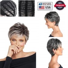 Women Short Grey Wig Layered Synthetic Heat Resistant Pixie Hair Wig Daily Use