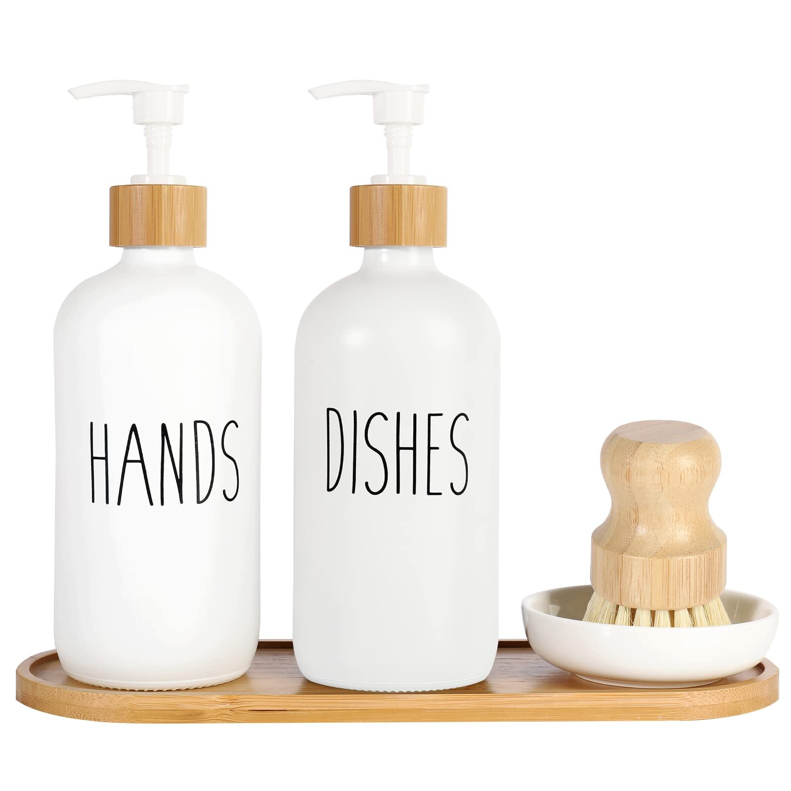 2 Pack Glass Soap Dispenser Set With Tray And Bamboo Dish Brush Hand And Dish So