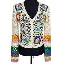 Boho Crochet Granny Square Cardigan Ivory Multicolor Button Front Small