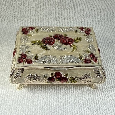 Silver Tone Floral Trinket Box Red Roses Footed Jewelry Keepsake Box-13M