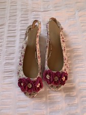 Hotter Women's Sandal’s Size 7 Burgundy Flowers Peep Toe Wedge Heel Slingback